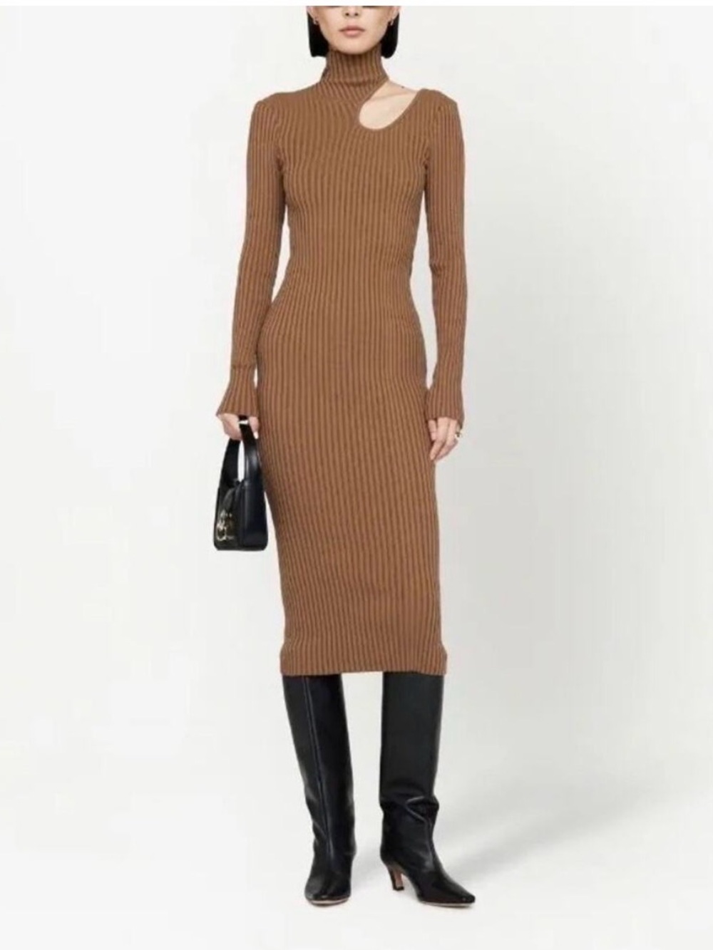 ANINE BING Victoria Dress Camel Ribbed Cutout Midi Dress Size M NWT